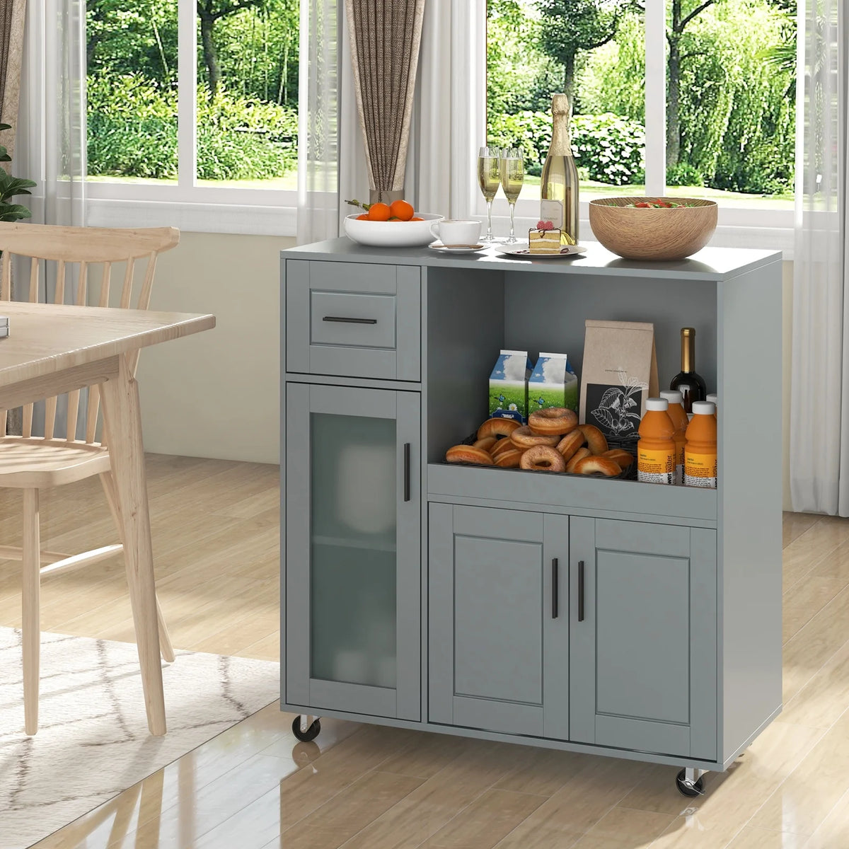 Topbuy Rolling Kitchen Island with Wheels Kitchen Cart?with Drawer and Glass Door Cabinet