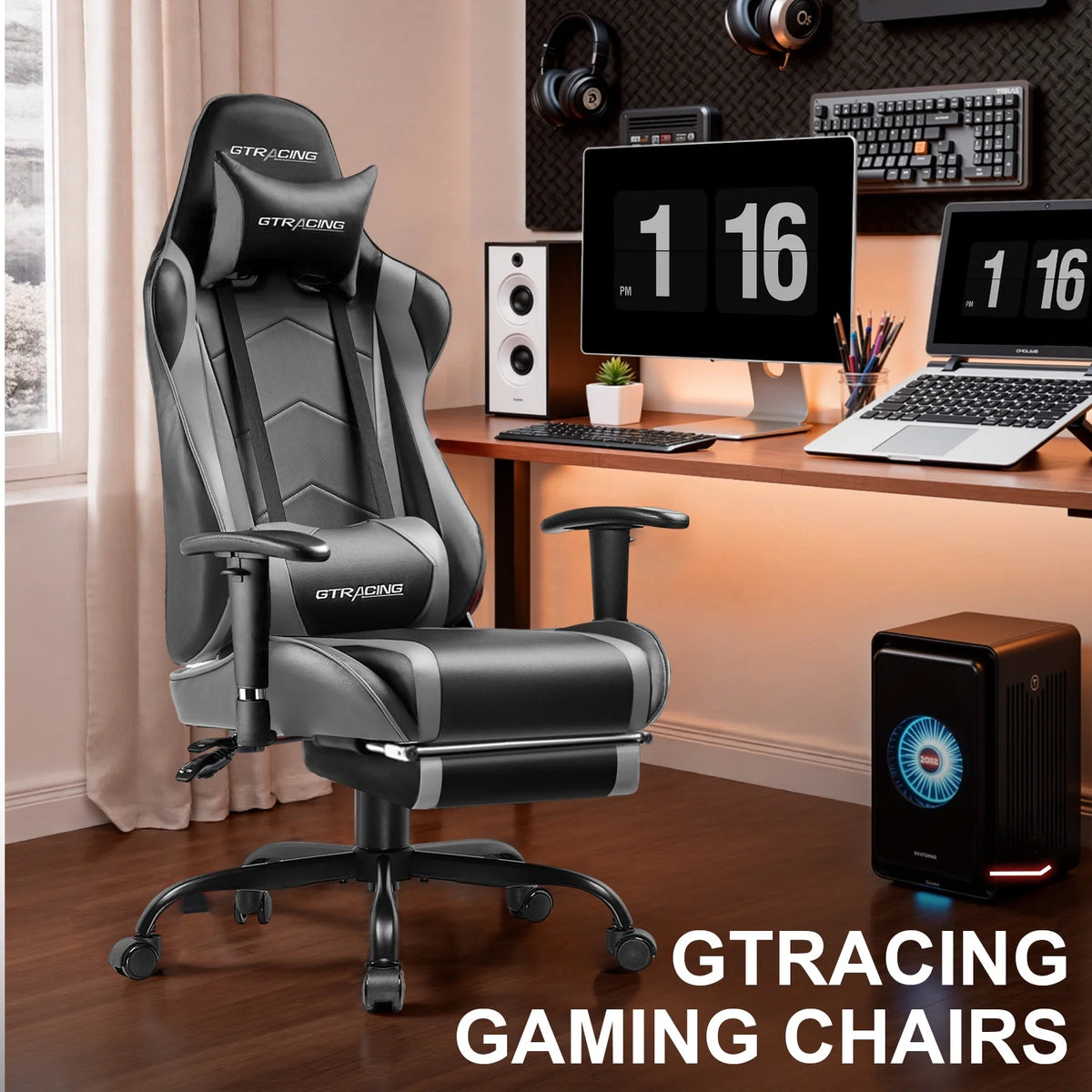 GTRACING Gaming Chair, Ergonomic Office Desk Chair with Lumbar Support, PU Leather, Footrest & Adjustable Headrest, Red