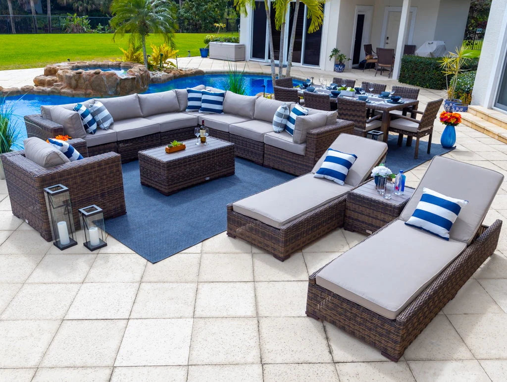 Tuscany 21 - Piece Resin Wicker Outdoor Patio Furniture Combination Set with Sectional Set, Eight - Seat Dining Set, and Chaise Lounge Set (Half - Round Brown Wicker, Polyester Light Gray)