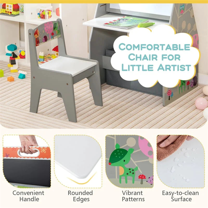 3-in-1 Kids Art Easel with Chair, Wooden Toddler Easel Table & Chair Set w/ Double-Sided Magnetic Whiteboard & Chalkboard, Bookshelf, Storage