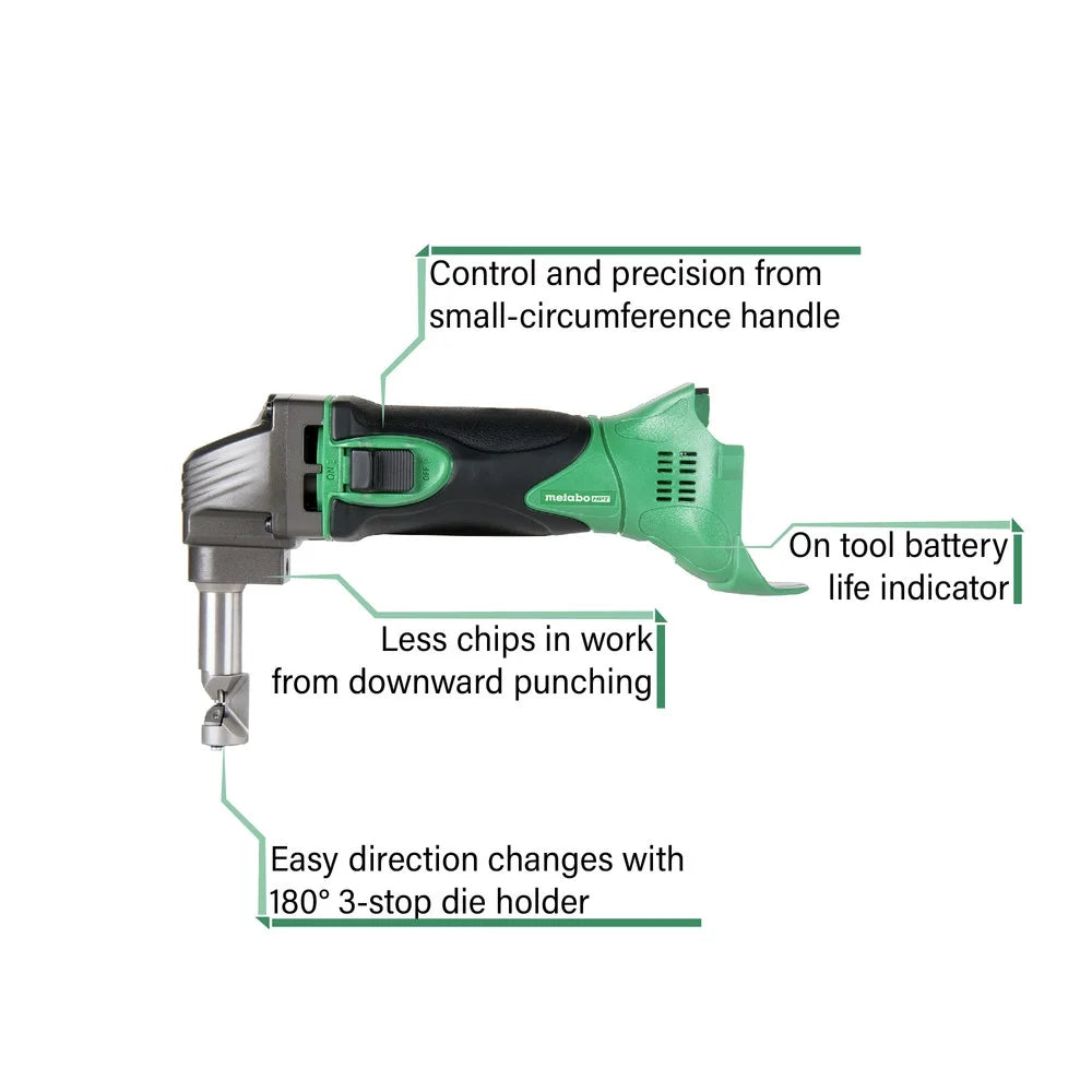 Metabo HPT 18V Multivolt Cordless Nibbler | Tool Only - No Battery | for Ribbed Metal Panels | 180 Degree 3 - Stop Die Holder | CN18DSLQ4