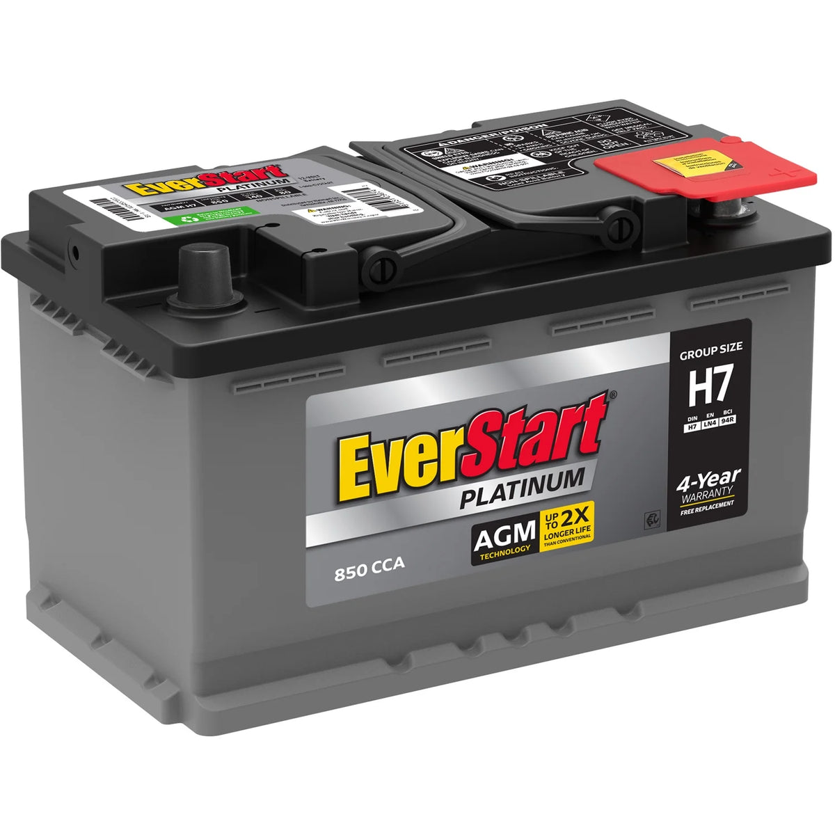 Everstart Platinum AGM Automotive Battery, Group Size H7 / LN4 / 94R 12 Volt, 850 CCA with Top Post Epoxy Battery Terminals