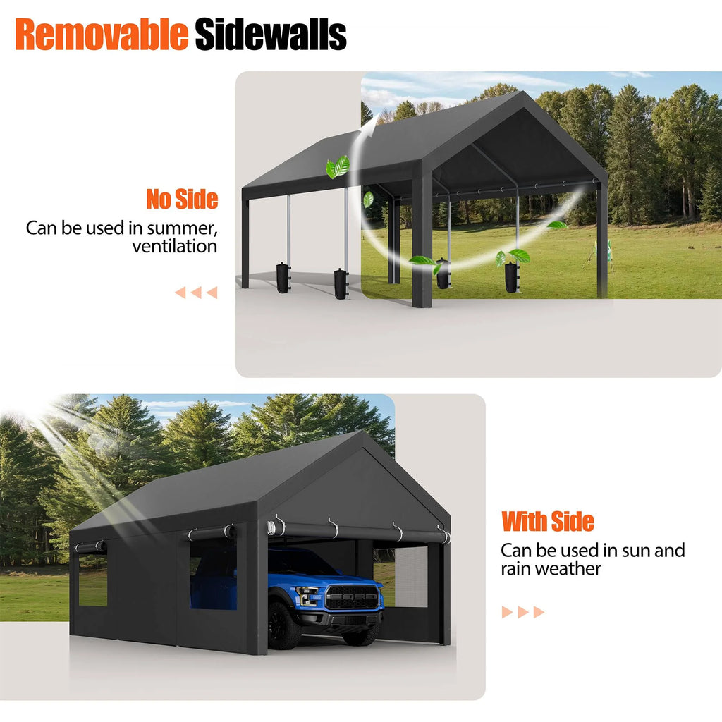 Walsunny 12x20 Ft Carport with 4 Sandbags Heavy Duty Canopy with Roll - up Windows Portable Garage with Removable Sidewalls & Doors Car Canopy Khaki