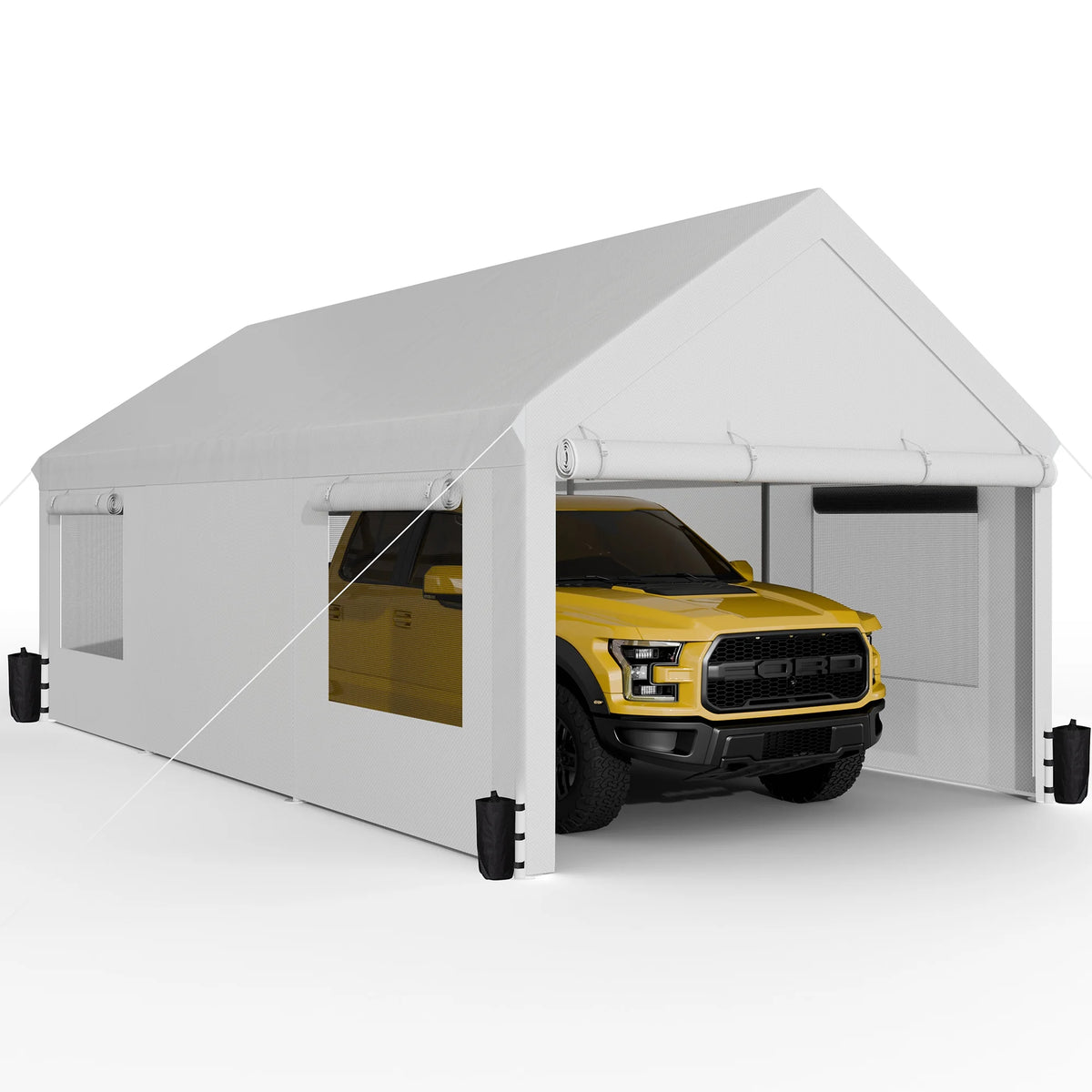 Walsunny 12x20 Ft Carport with 4 Sandbags Heavy Duty Canopy with Roll - up Windows Portable Garage with Removable Sidewalls & Doors Car Canopy Khaki