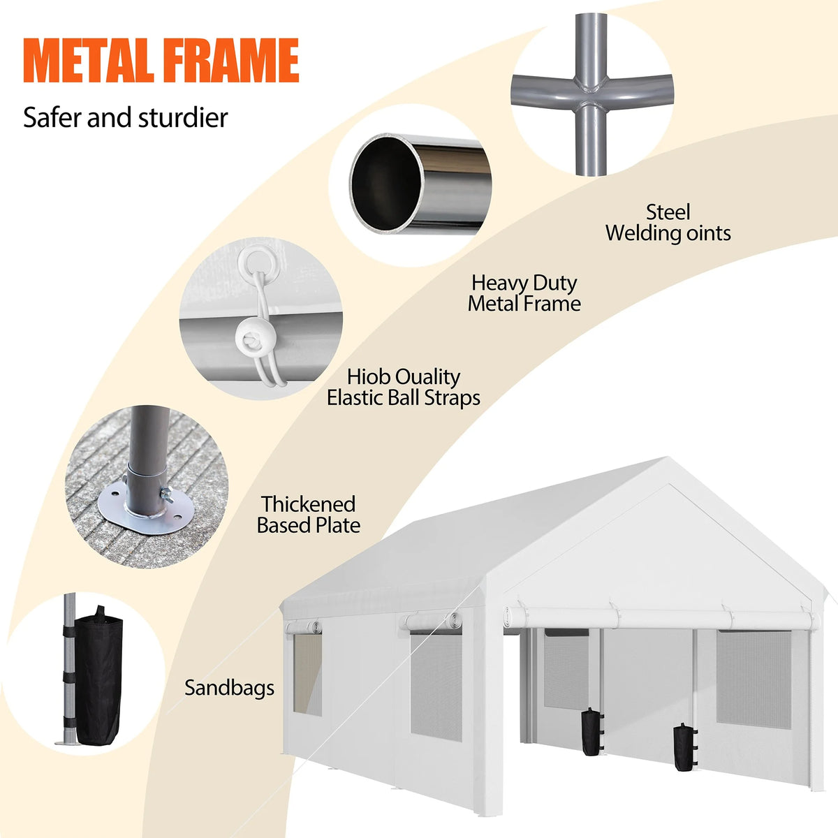 Walsunny 12x20 Ft Carport with 4 Sandbags Heavy Duty Canopy with Roll - up Windows Portable Garage with Removable Sidewalls & Doors Car Canopy Khaki