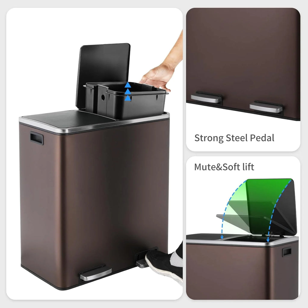Arlopu 60 L/16 Gal Dual Trash Can, Stainless Steel Garbage Can for Kitchen, Recycle Bin with Lid