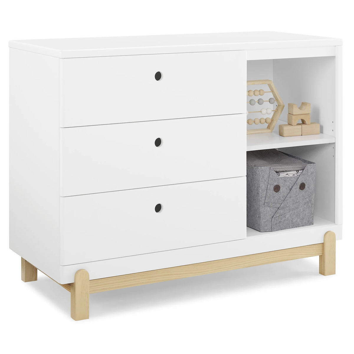 Delta Children Poppy 3 Drawer Dresser with Cubbies and Interlocking Drawers, Bianca White/Natural