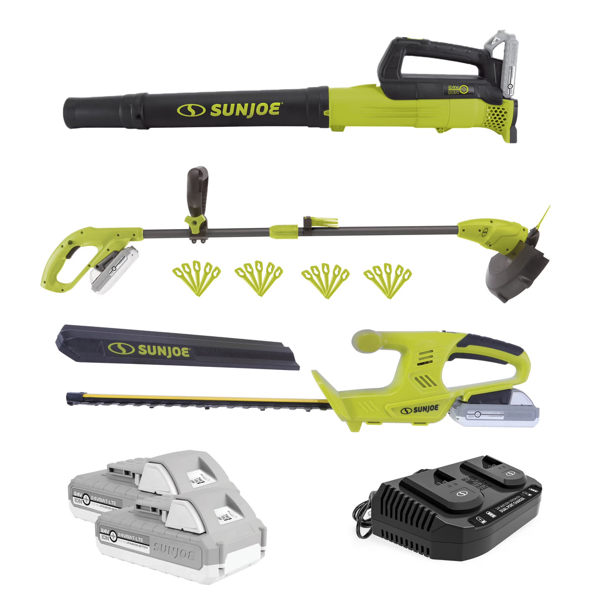 Sun Joe 24V Cordless Garden Combo Kit W/ Leaf Blower, Grass Trimmer, & Hedge Trimmer, 2 x 2.0 - Ah Batteries + Charger