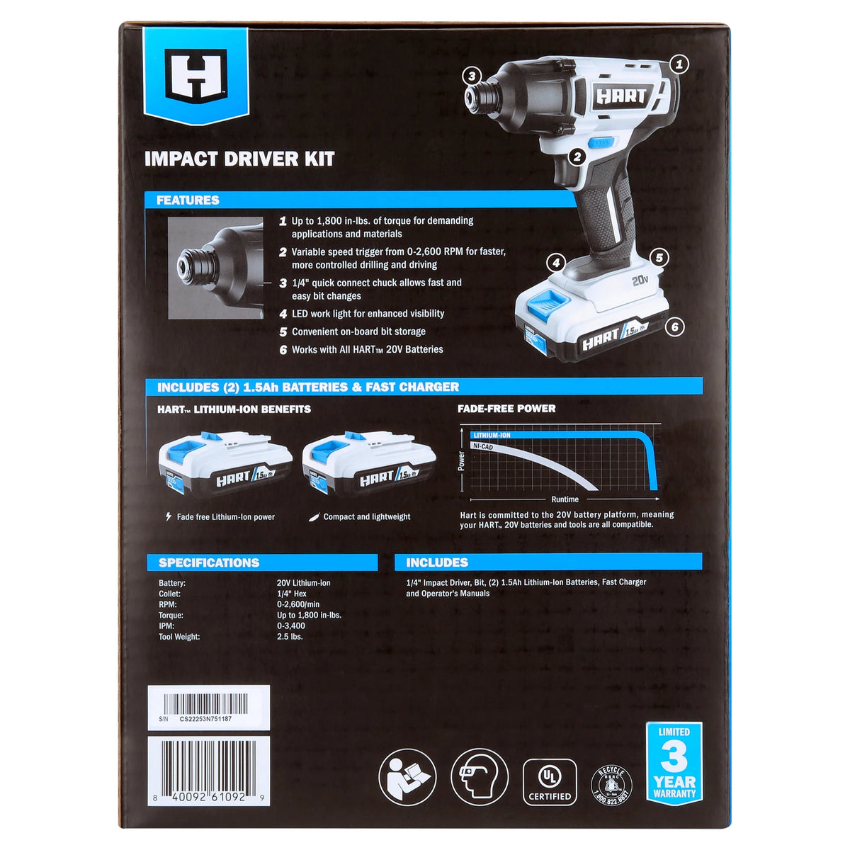 HART 20 - Volt Cordless 1/4" Hex Chuck Impact Driver Kit, (2) 1.5ah Lithium - Ion Batteries, Gen 2