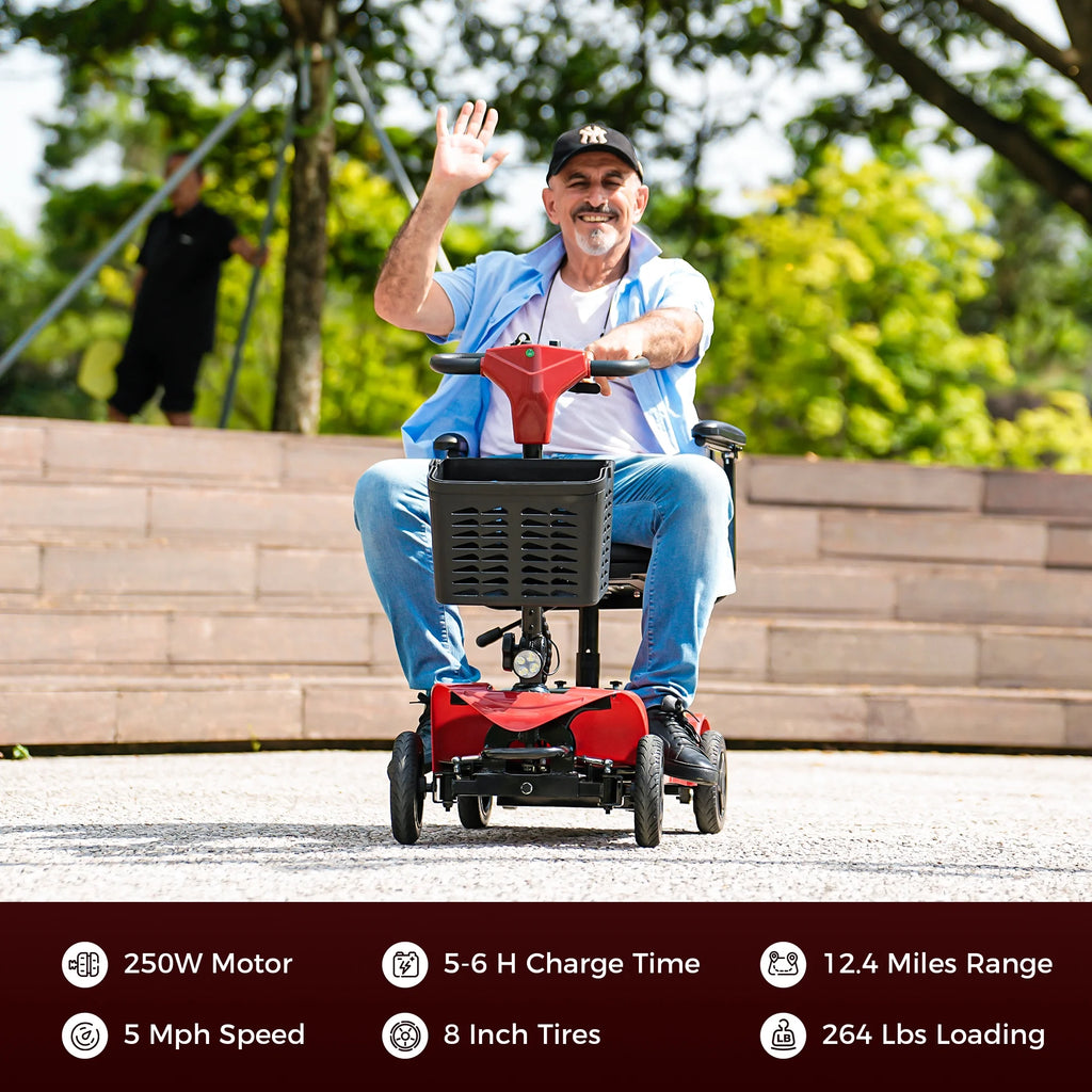 Iscooter 4 Wheel Mobility Scooter for Seniors, Wider Seats & Foldale Electric Wheelchair Device for Travel, Upgraded for Superior Performance, Red