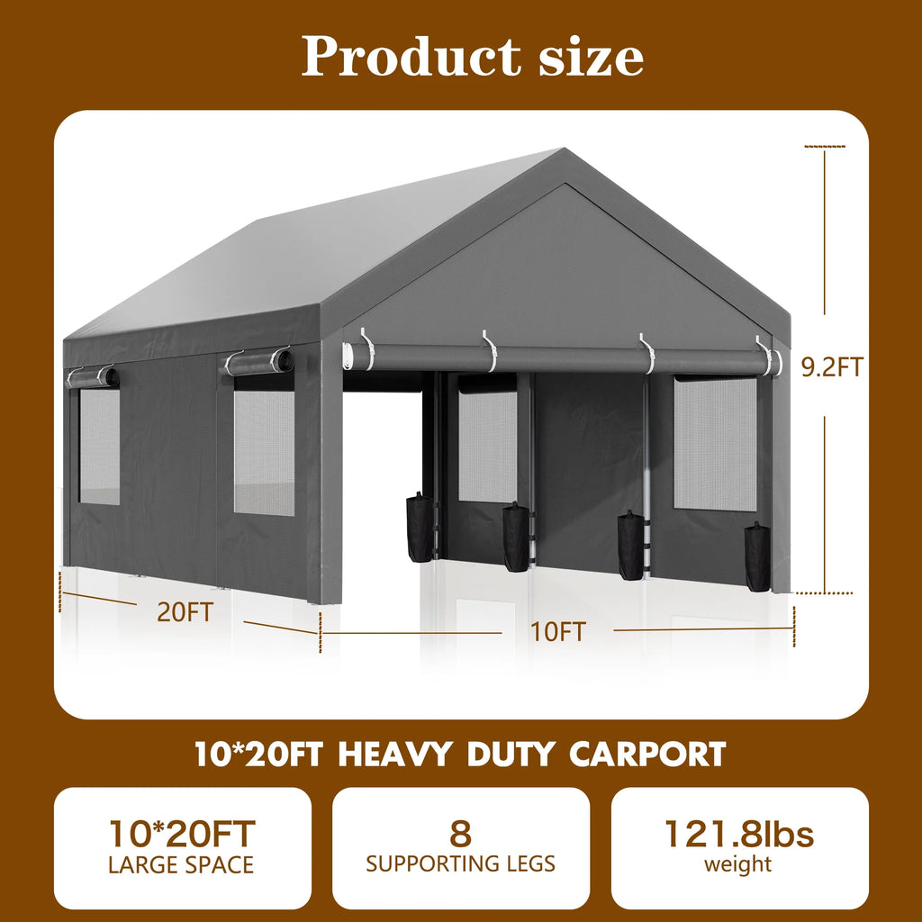 Walsunny 12x20 Ft Carport with 4 Sandbags Heavy Duty Canopy with Roll - up Windows Portable Garage with Removable Sidewalls & Doors Car Canopy Khaki
