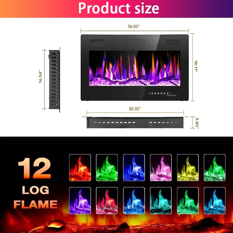 36 - Inch Electric Fireplace, Wall - Mounted, Supports Smartphone/App Control, Ultra - Realistic Flames, 1500W Power