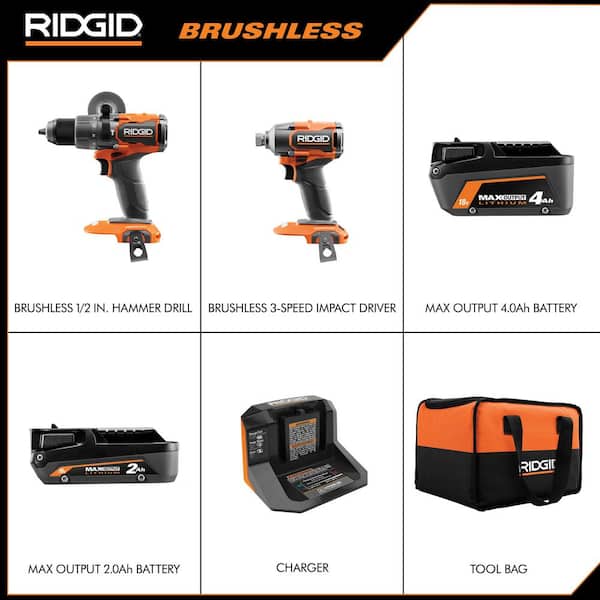 18V Brushless Cordless 2-Tool Combo Kit with Hammer Drill. Impact Driver. (2) Batteries. Charger. and Bag