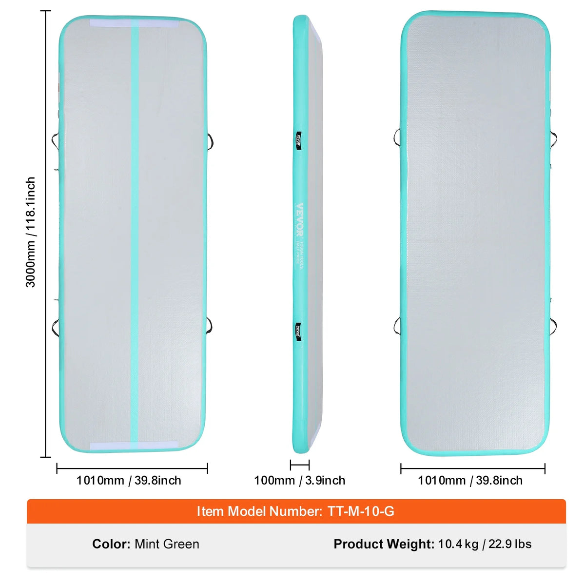 VEVOR Gymnastics Air Mat, 4 in Thickness Inflatable Gymnastics Tumbling Mat, Tumble Track with Electric Pump, Training Mats for Home Use/Gym/Yoga/Cheerleading/Beach/Park/Water, 10 Ft, Mint Green