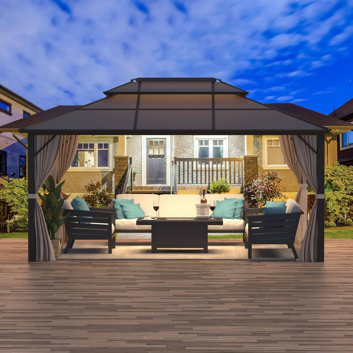 EROMMY Outdoor Double Roof Permanent Hardtop Gazebo Pergola with Prime Netting and Curtains Double Roof 10' x 13' N, Other