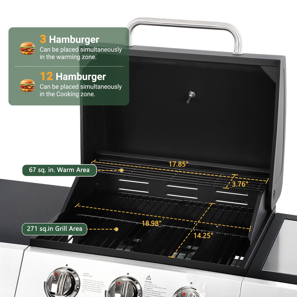 Enyopro 3 Burner Propane Gas Grill, 40, 000BTU Stainless Steel BBQ Grill with Brush, Built - in Thermometer, 4 Universal Wheels for Outdoor Cooking Patio Backyard