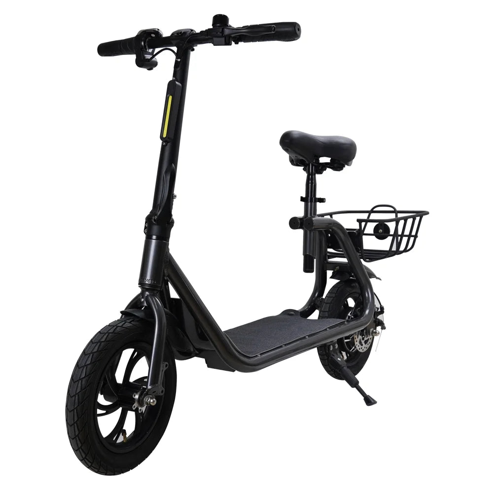 Electric Scooter Adult with Seat, 12 in Tires 350W Motor Foldable E - Bicycle with Basket Dual Disc Brakes