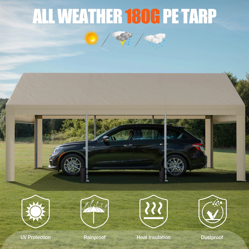 Walsunny 12x20 Ft Carport with 4 Sandbags Heavy Duty Canopy with Roll - up Windows Portable Garage with Removable Sidewalls & Doors Car Canopy Khaki