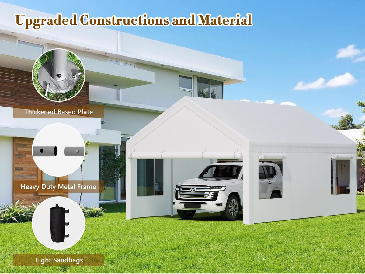 Walsunny 12x20 Ft Carport with 4 Sandbags Heavy Duty Canopy with Roll - up Windows Portable Garage with Removable Sidewalls & Doors Car Canopy Khaki