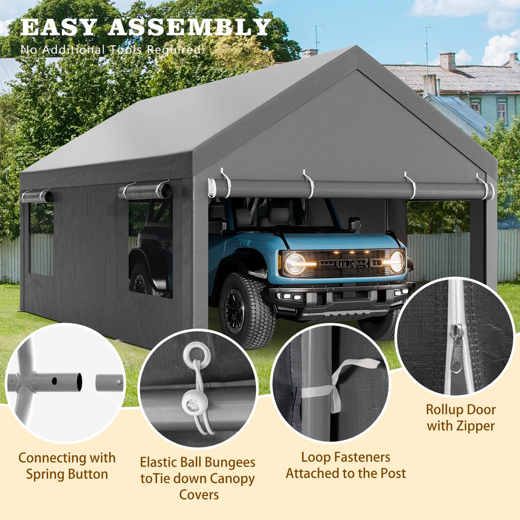 Walsunny 12x20 Ft Carport with 4 Sandbags Heavy Duty Canopy with Roll - up Windows Portable Garage with Removable Sidewalls & Doors Car Canopy Khaki
