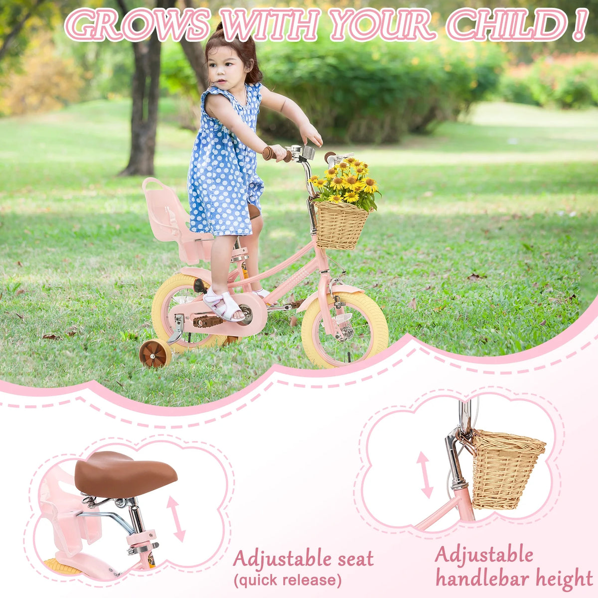 XJD Girls Bike for Toddlers and Kids Ages 2 - 12 Years Old, 12 14 16 in Kids Bike with Training Wheels & Basket, 20 in Girls Bicycle with Handbrake & Kickstand