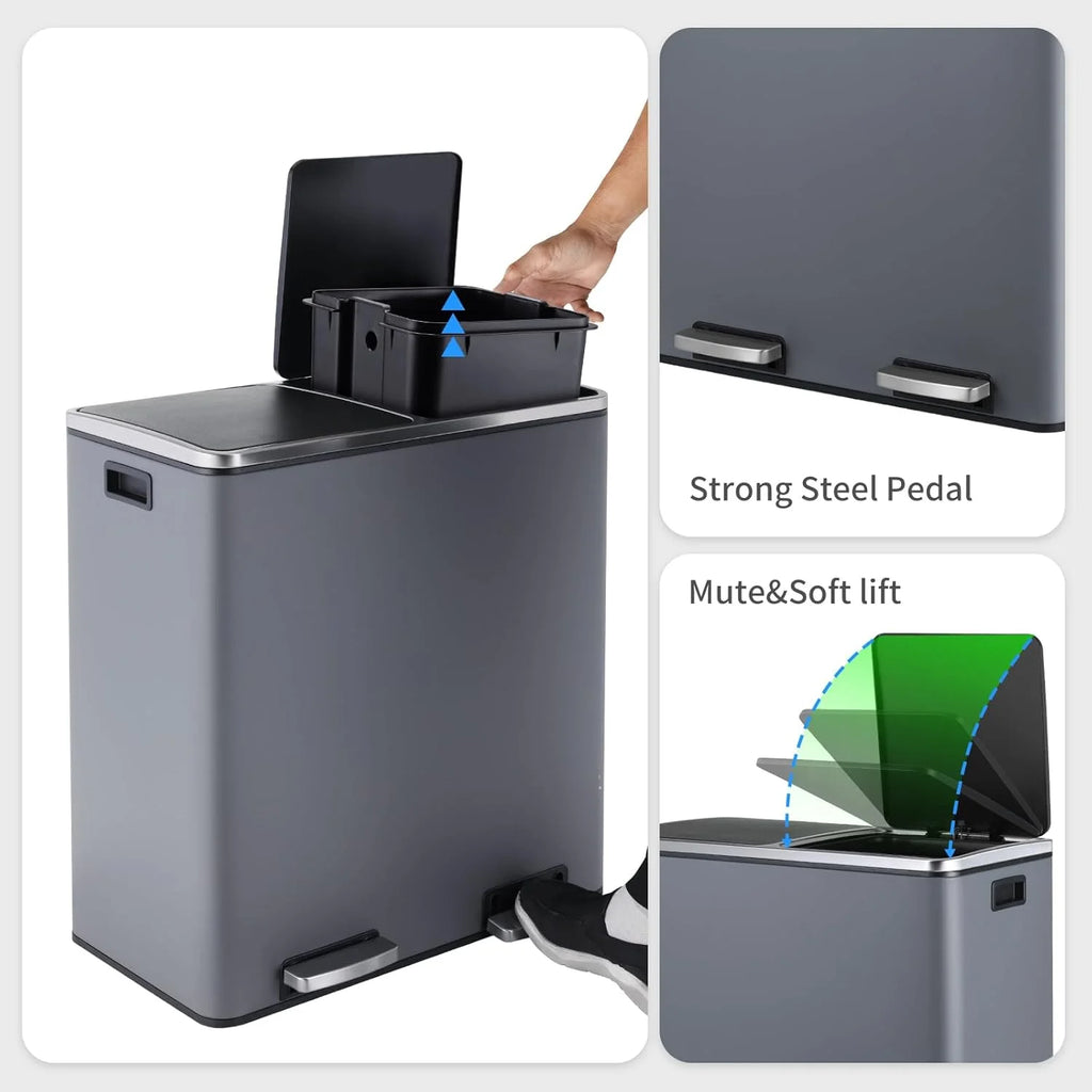 Arlopu 60 L/16 Gal Dual Trash Can, Stainless Steel Garbage Can for Kitchen, Recycle Bin with Lid