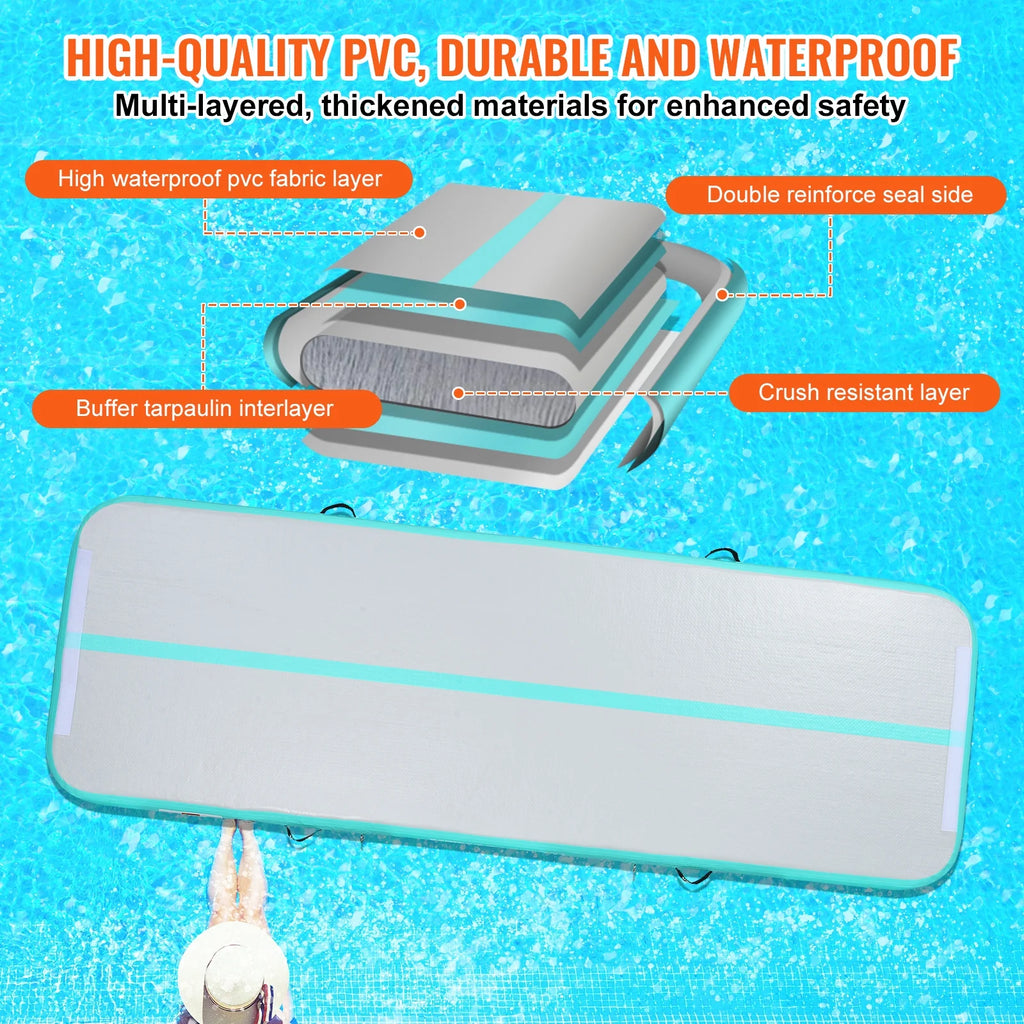VEVOR Gymnastics Air Mat, 4 in Thickness Inflatable Gymnastics Tumbling Mat, Tumble Track with Electric Pump, Training Mats for Home Use/Gym/Yoga/Cheerleading/Beach/Park/Water, 10 Ft, Mint Green