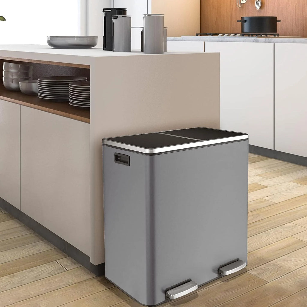 Arlopu 60 L/16 Gal Dual Trash Can, Stainless Steel Garbage Can for Kitchen, Recycle Bin with Lid
