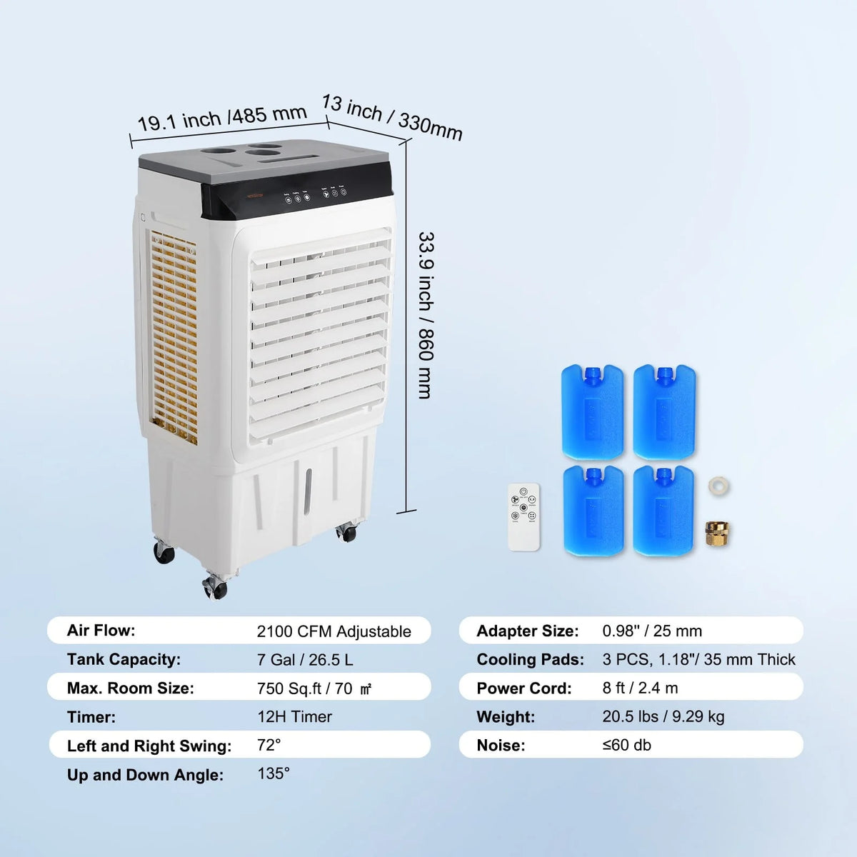 BENTISM Evaporative Cooler Swamp Cooler 3 - in - 1 2100 CFM 7 Gal 12h Timer Air Humidifier
