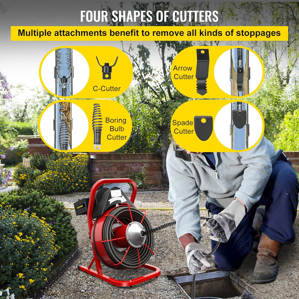 Drain Cleaner Machine. 75 Ft x 3/8 Inch Drain Cleaning Machine Fits 1 to 4 Inch Pipes. Portable Drain Auger Cleaner with 4 Cutters. Electric Drain Clog Remover Plumbing Tool