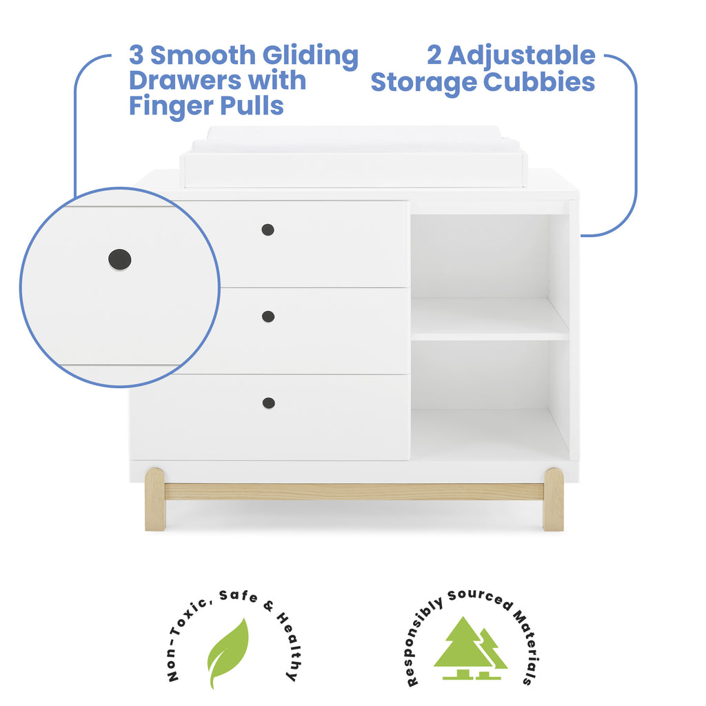 Delta Children Poppy 3 Drawer Dresser with Cubbies and Interlocking Drawers, Bianca White/Natural