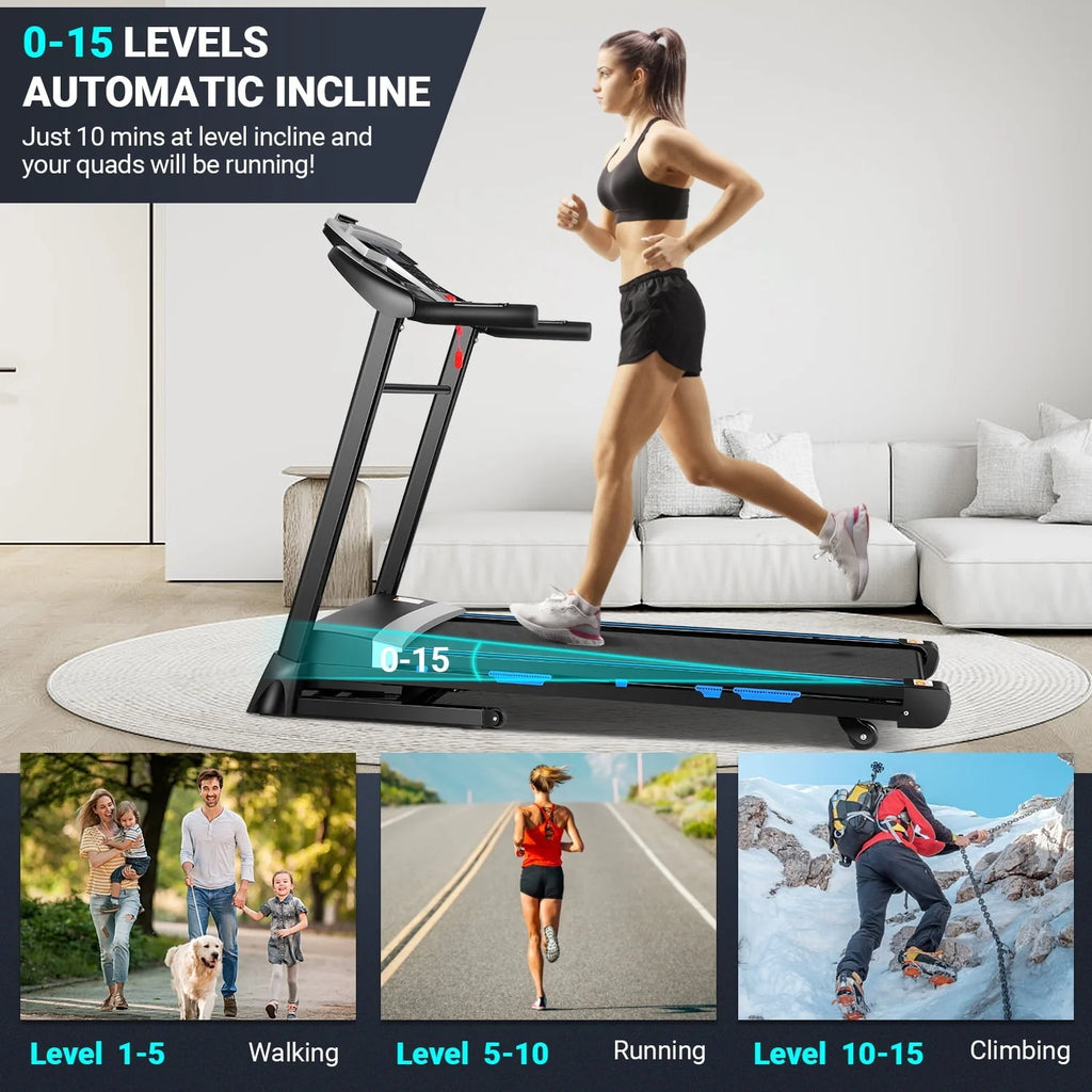 Tikmboex Folding Treadmill with 15% Auto Incline 9.0 Mph Speed 12 Preset Program, Strong 3.25HP Motor Running Machine for Cardio Fitness, Black 300 lb