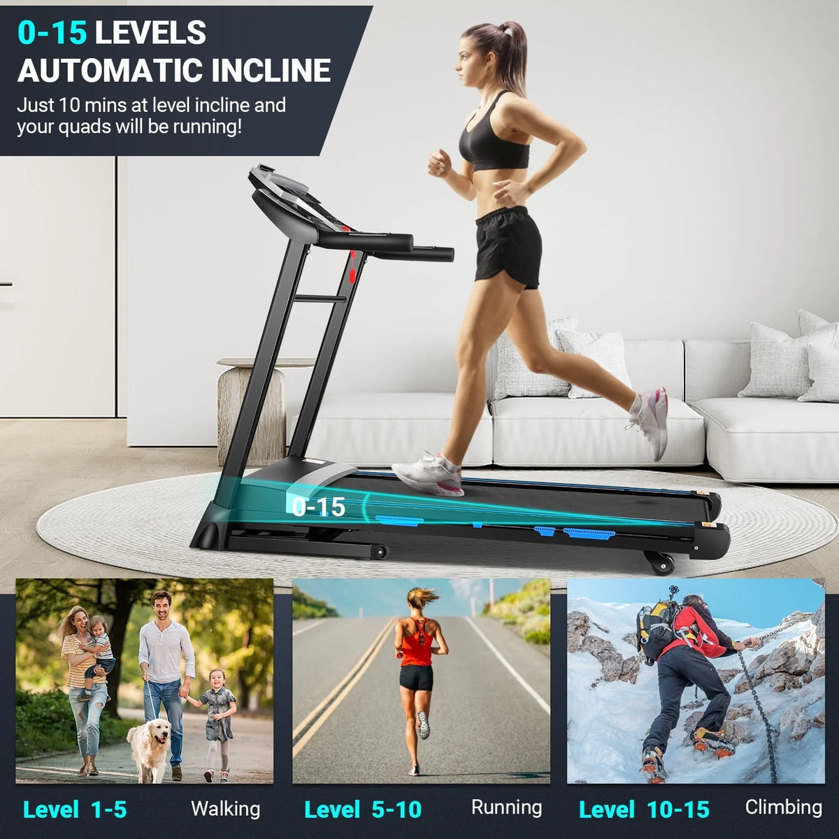 Tikmboex Folding Treadmill with 15% Auto Incline 9.0 Mph Speed 12 Preset Program, Strong 3.25HP Motor Running Machine for Cardio Fitness, Black 300 lb