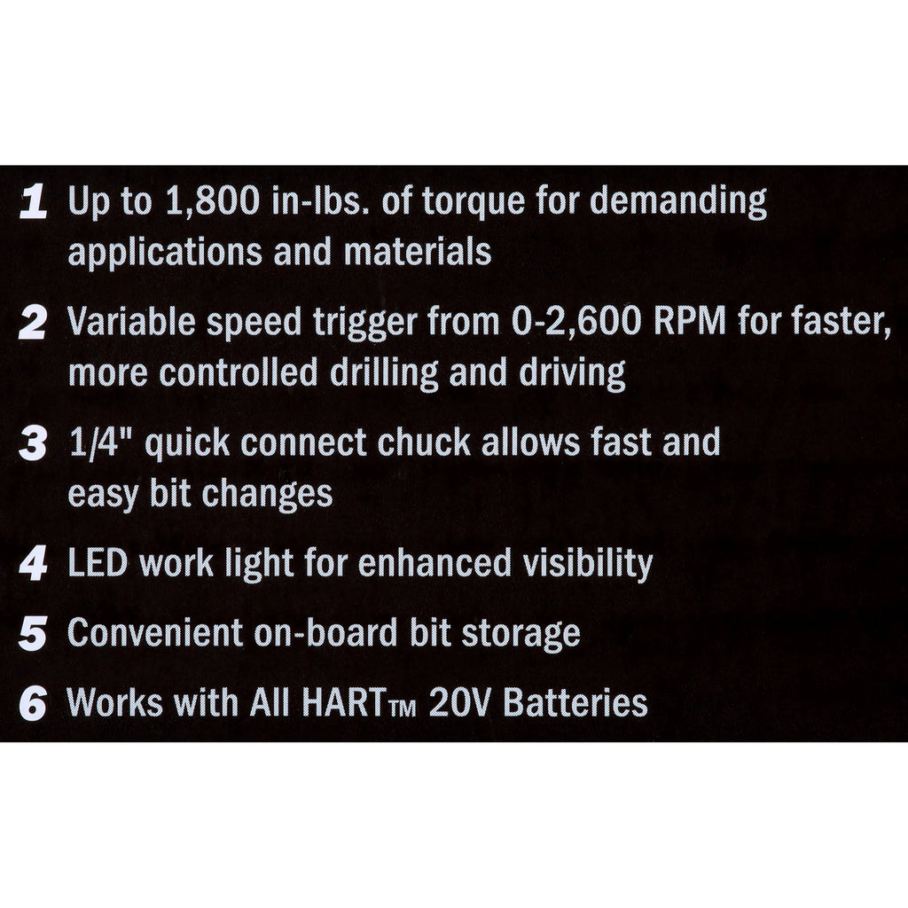 HART 20 - Volt Cordless 1/4" Hex Chuck Impact Driver Kit, (2) 1.5ah Lithium - Ion Batteries, Gen 2