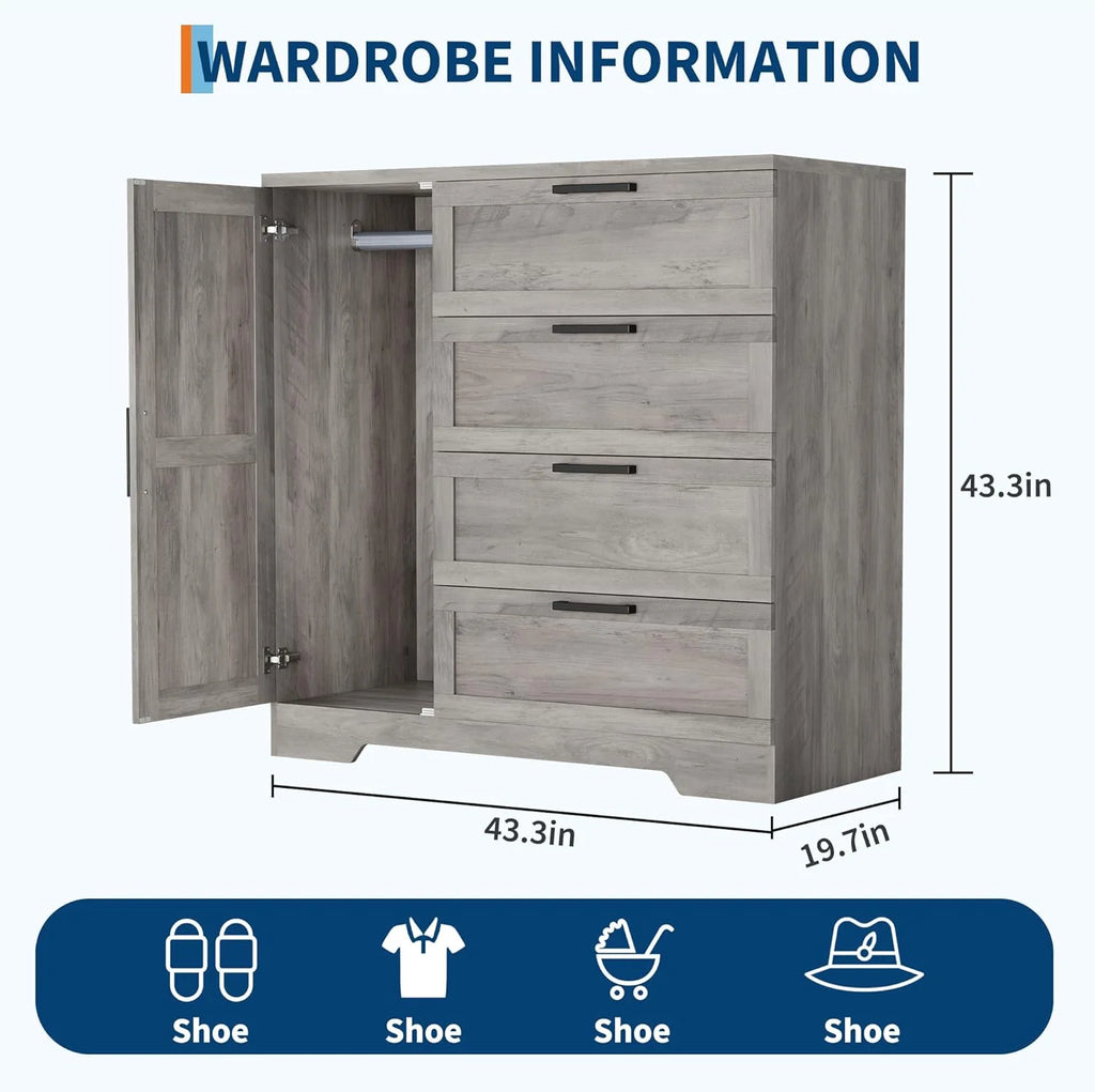 43.3" H Armoire Wardrobe Closet with 4 Drawers & Hanging Rod, Multifunctional Wood Storage Cabinet for Bedroom, Natural Oak
