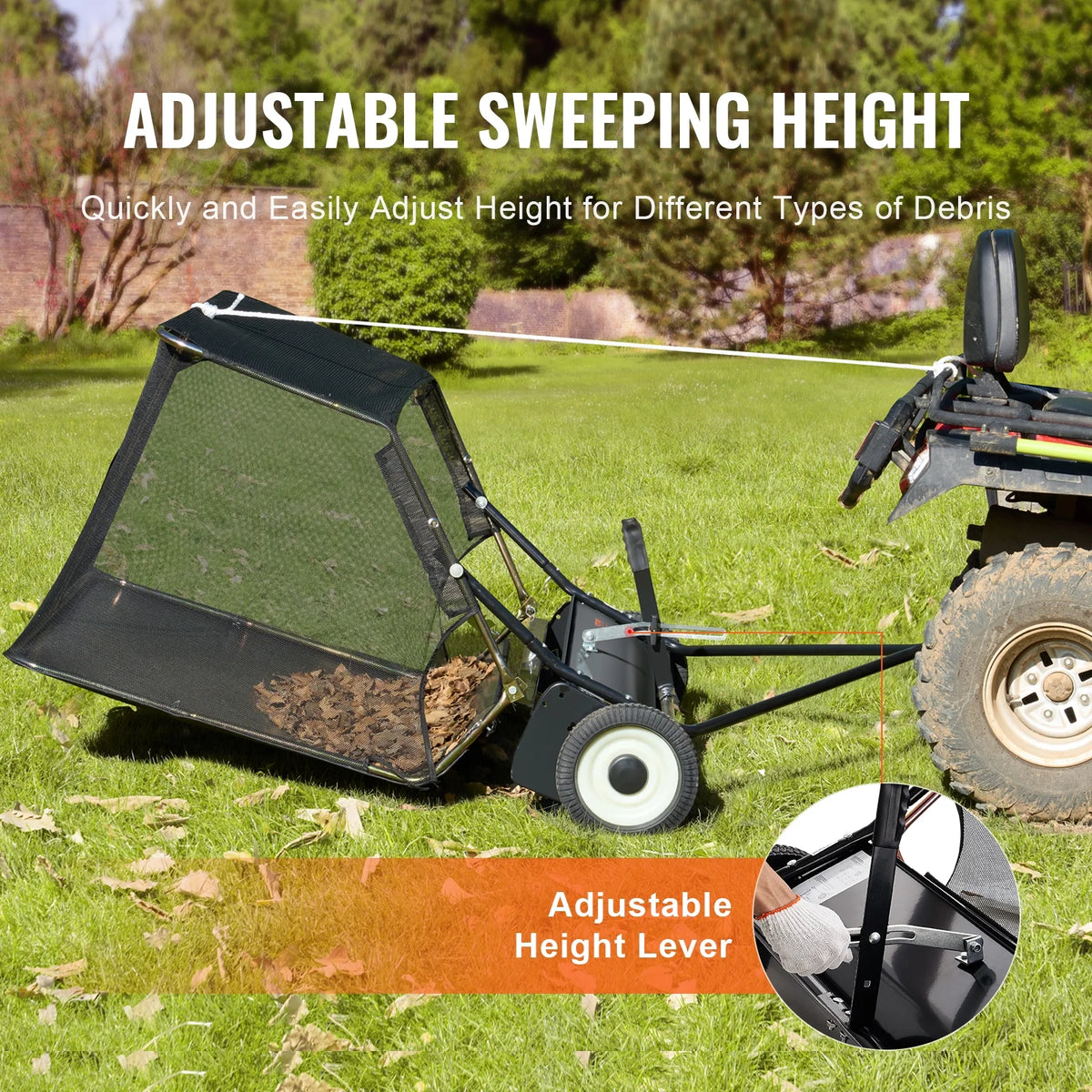 VEVOR 42 - Inch Lawn Sweeper Tow Behind, 12 Cu.ft. Large Pull Behind Grass Sweeper, Heavy Duty Leaf & Grass Collector with Dumping Rope Design, Adjustable Sweeping Height for Picking up Debris & Grass