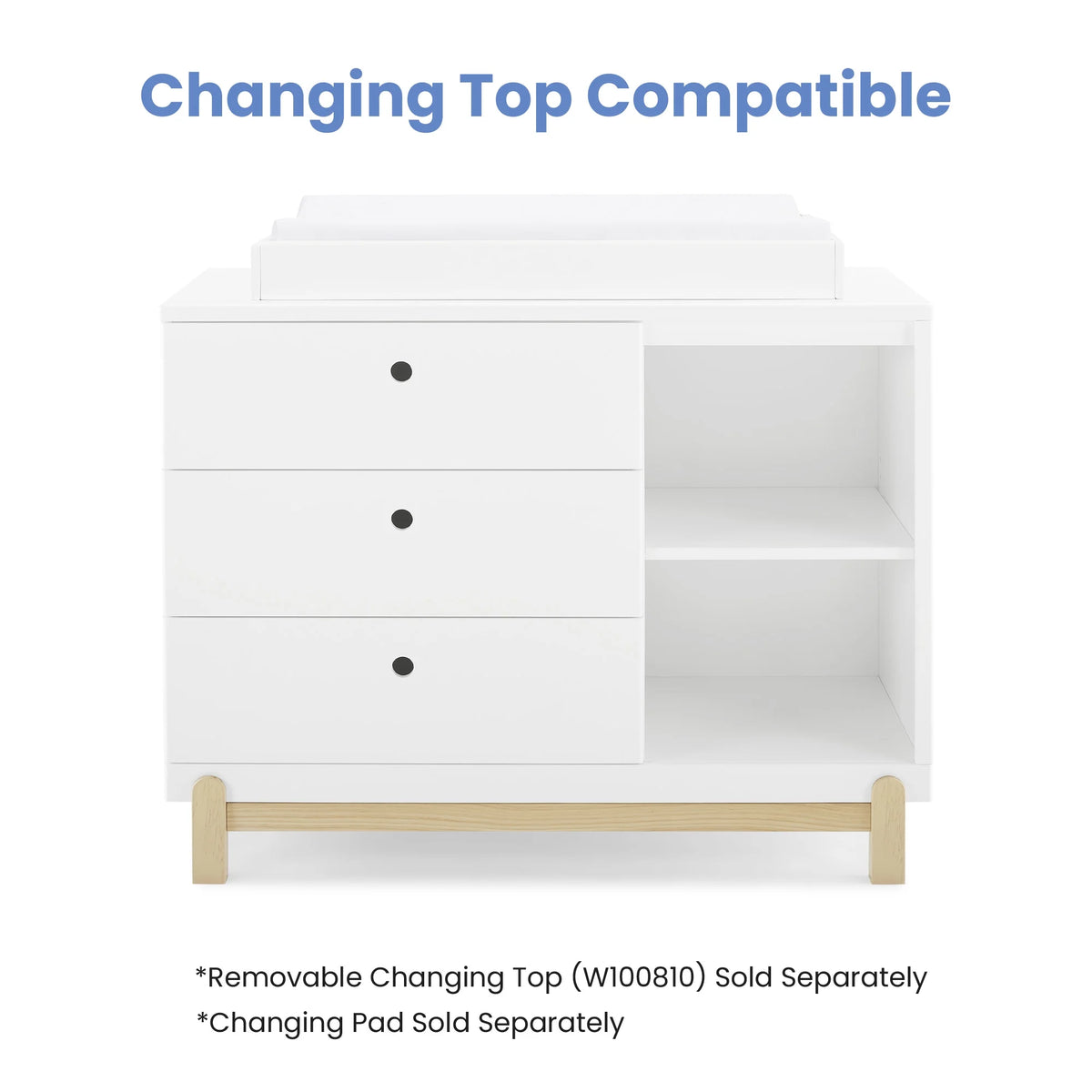 Delta Children Poppy 3 Drawer Dresser with Cubbies and Interlocking Drawers, Bianca White/Natural