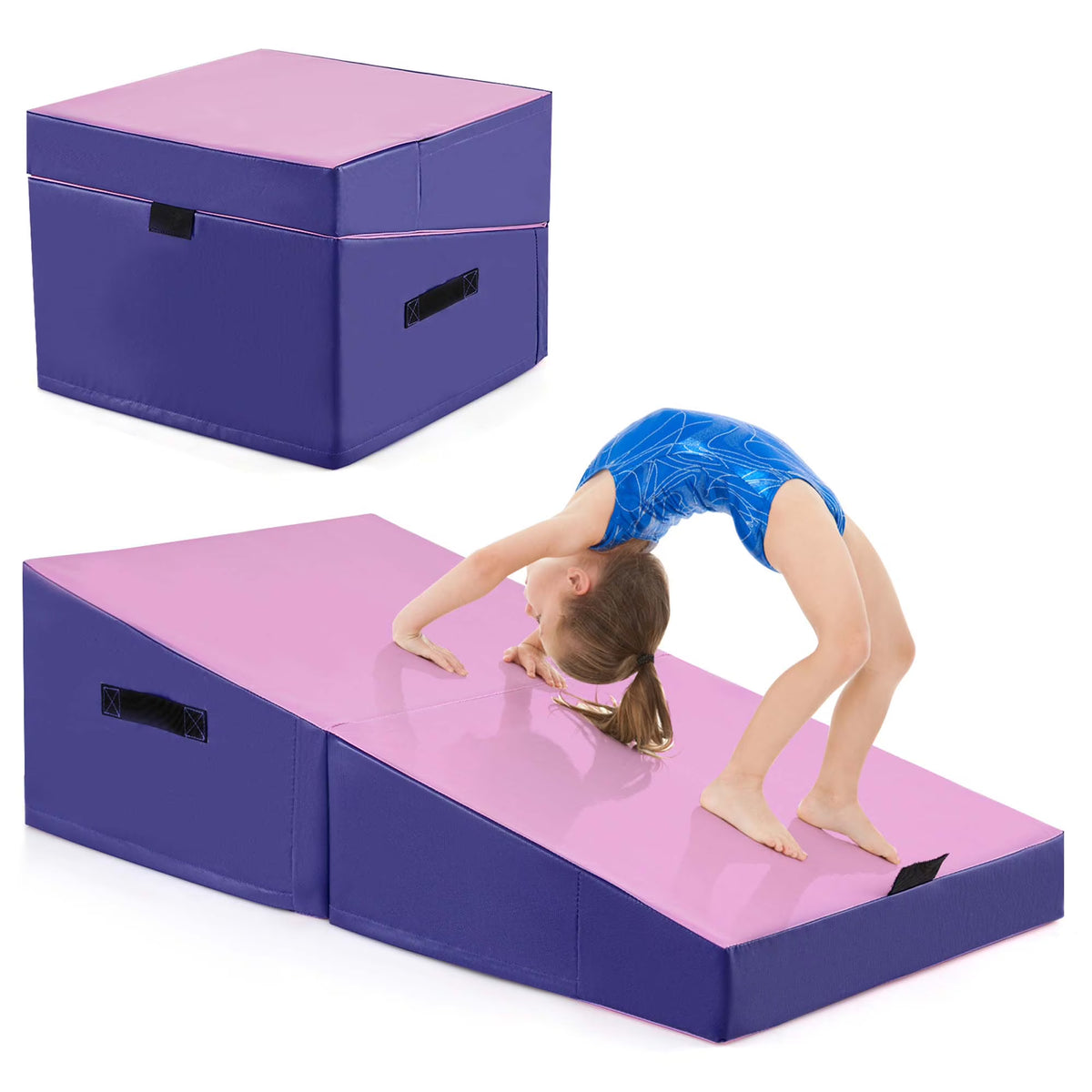 Costway Gymnastics Tumbling Mat Folding Incline Yoga Mat with Non - Slip PVC Leather Pink