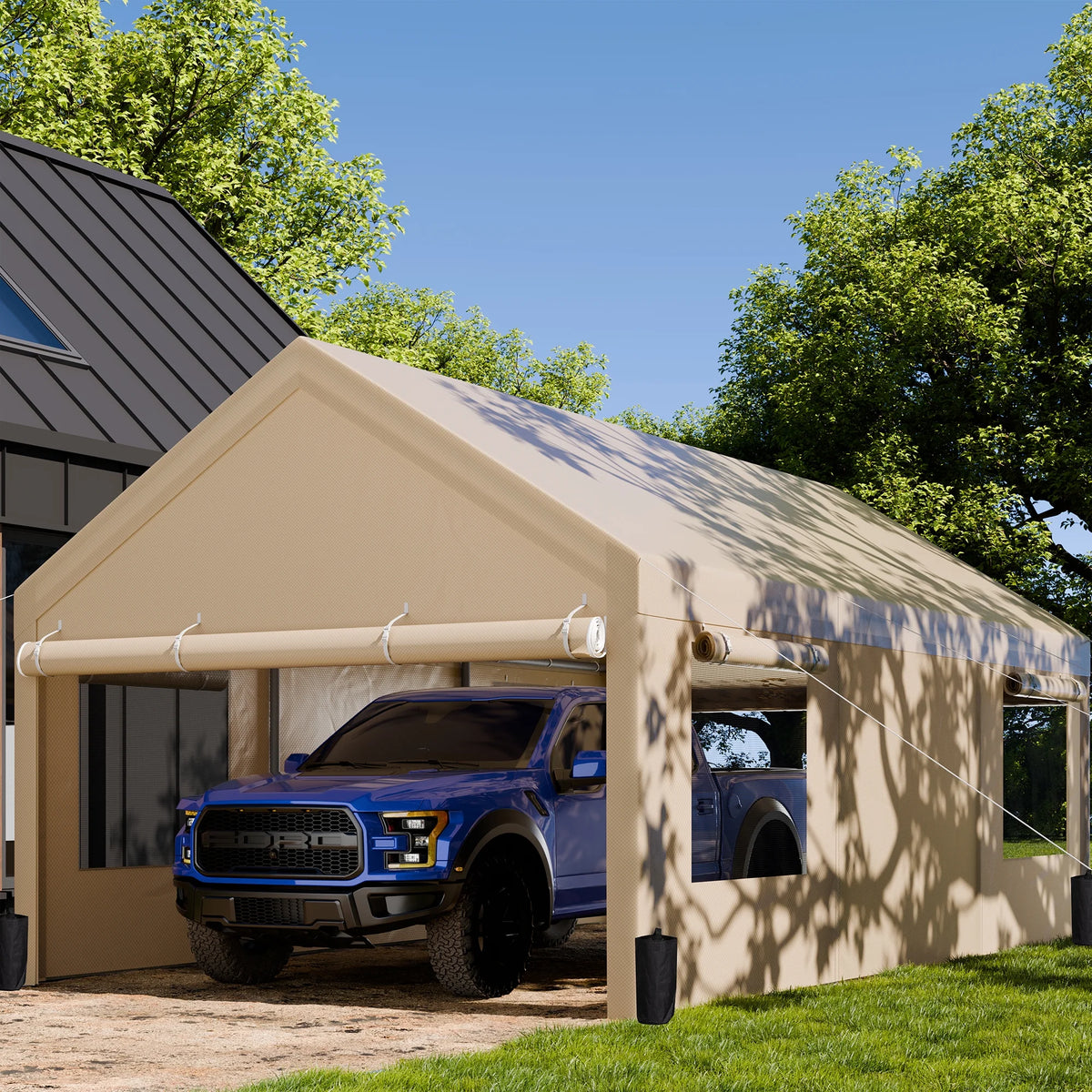 Walsunny 12x20 Ft Carport with 4 Sandbags Heavy Duty Canopy with Roll - up Windows Portable Garage with Removable Sidewalls & Doors Car Canopy Khaki
