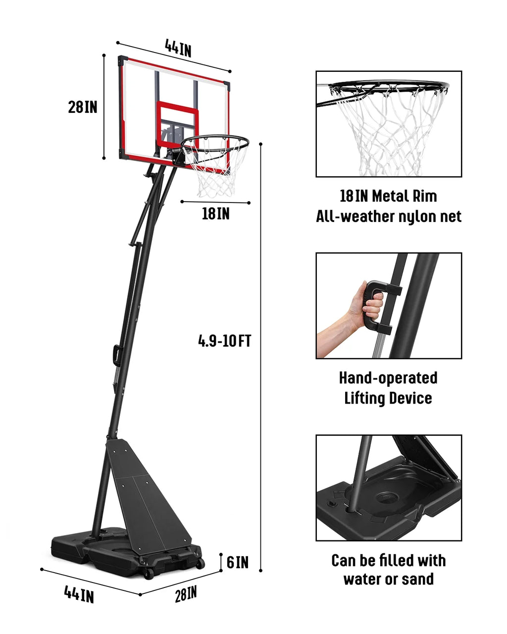 Seray Basketball Hoop with 4.8 - 10 Feet Height Adjustable for Kids/Adults, Portable Basketball Goal with 44 in Backboard and 2 Wheels for Outdoor/Indoor Sports