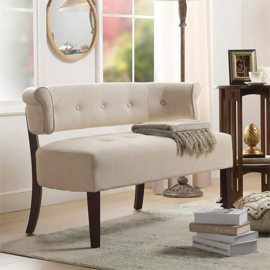Jennifer Taylor Home Jared Roll Arm Tufted Polyester Fabric Bench, Sky Neutral Beige