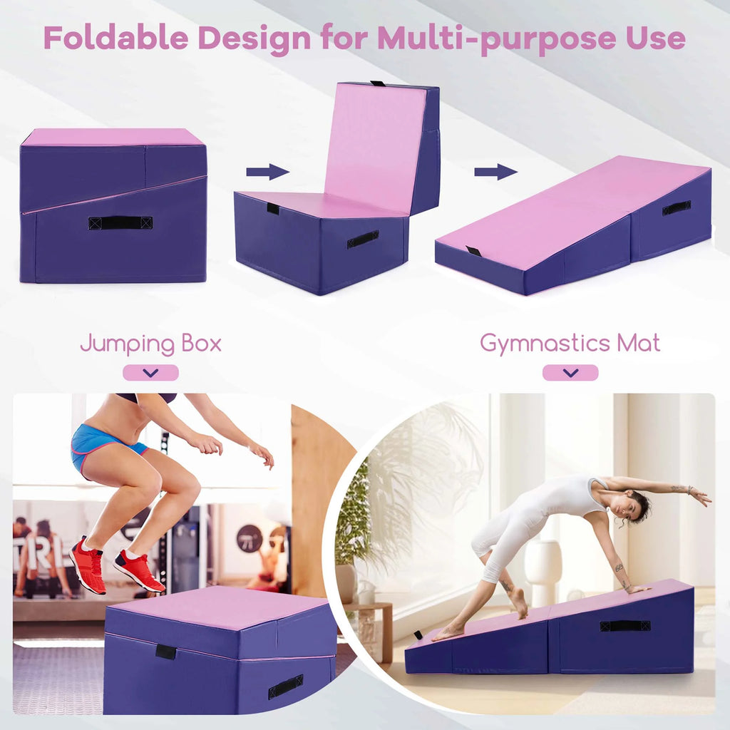 Costway Gymnastics Tumbling Mat Folding Incline Yoga Mat with Non - Slip PVC Leather Pink