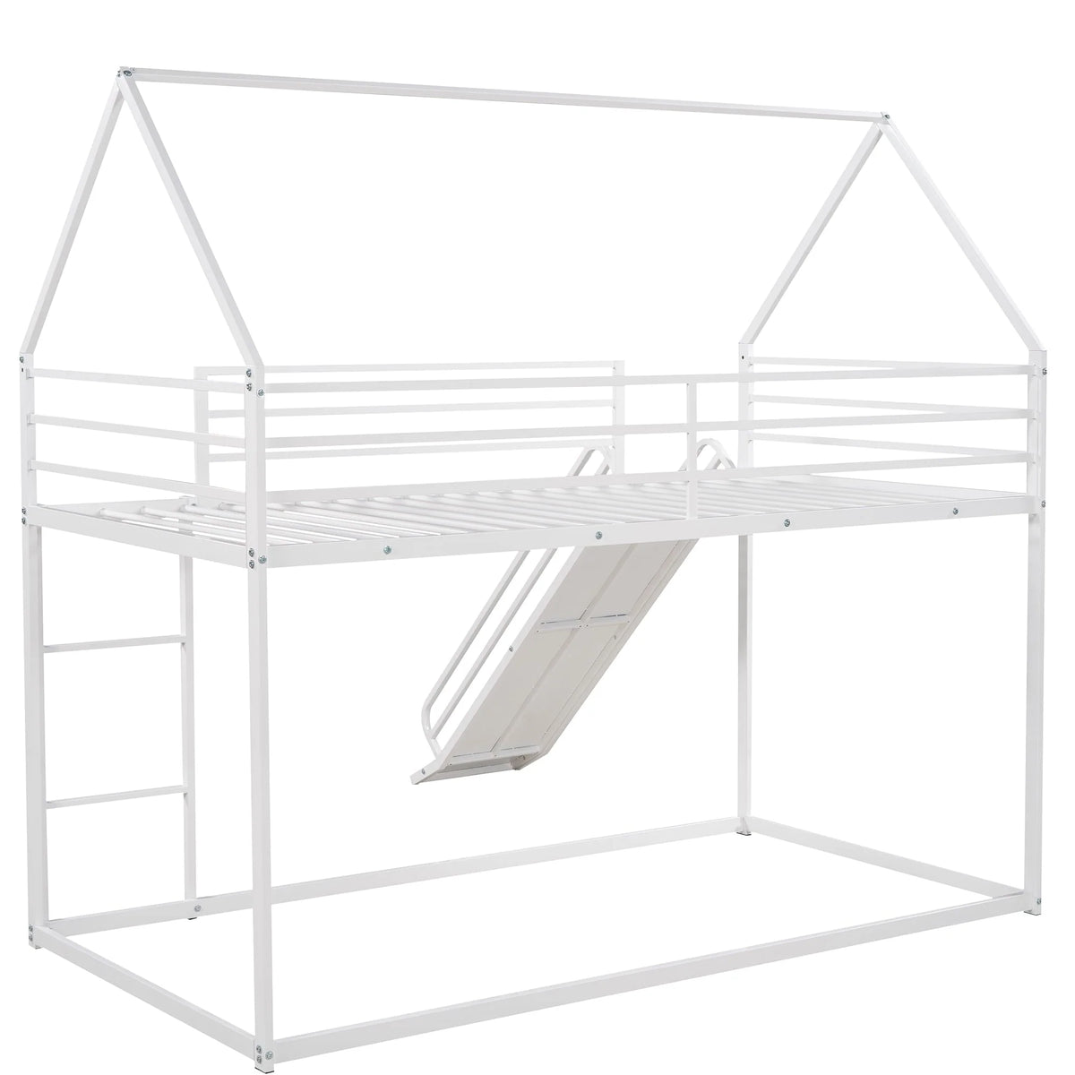 Jump Into Fun Bunk Bed Twin Over Twin, Metal Bunk Bed with Slide, House Low Bunk Bed with Ladder and Safety Guardrails, Noise Free Floor Twin Bunk Beds for Kids, Adults, Bedroom, White