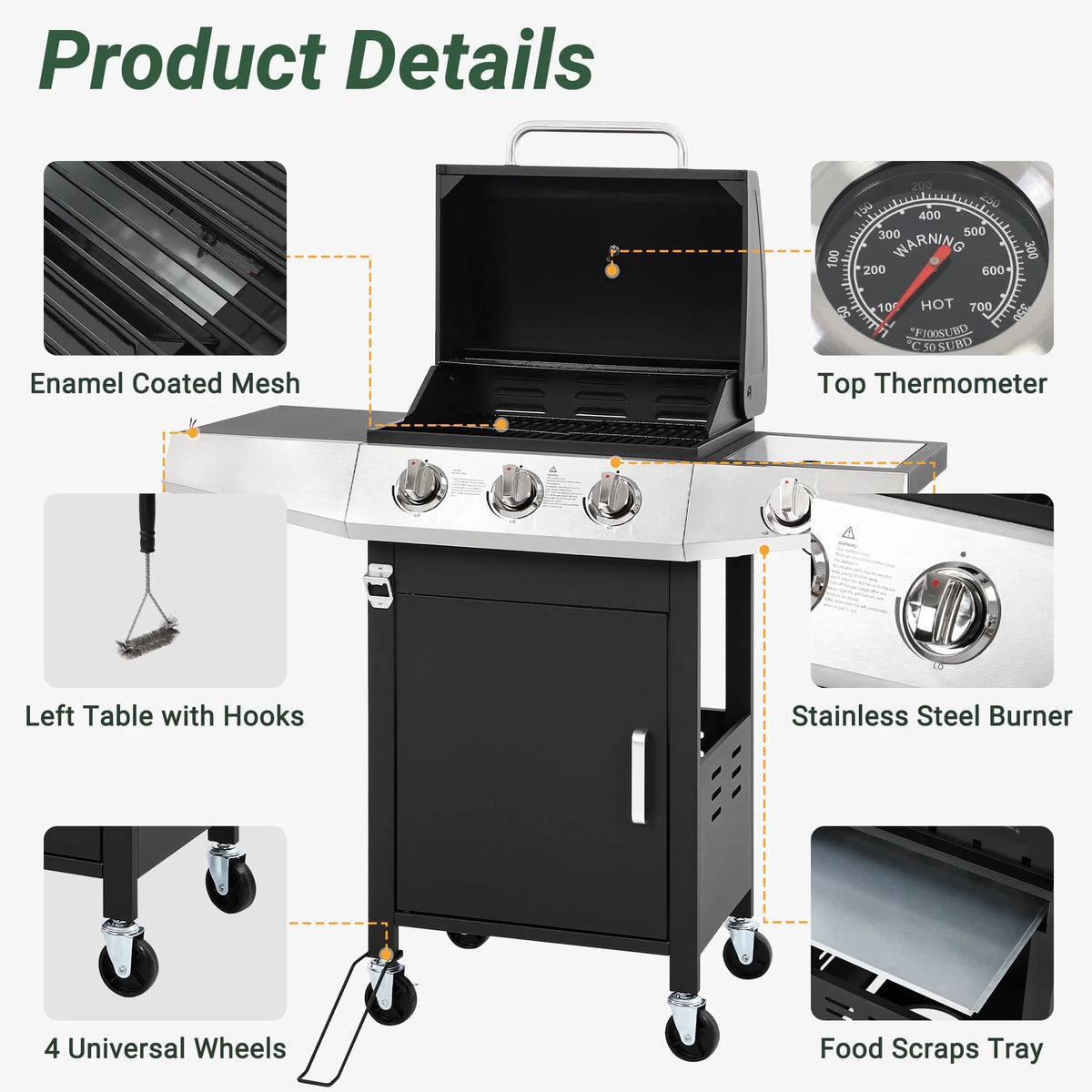 Enyopro 3 Burner Propane Gas Grill, 40, 000BTU Stainless Steel BBQ Grill with Brush, Built - in Thermometer, 4 Universal Wheels for Outdoor Cooking Patio Backyard