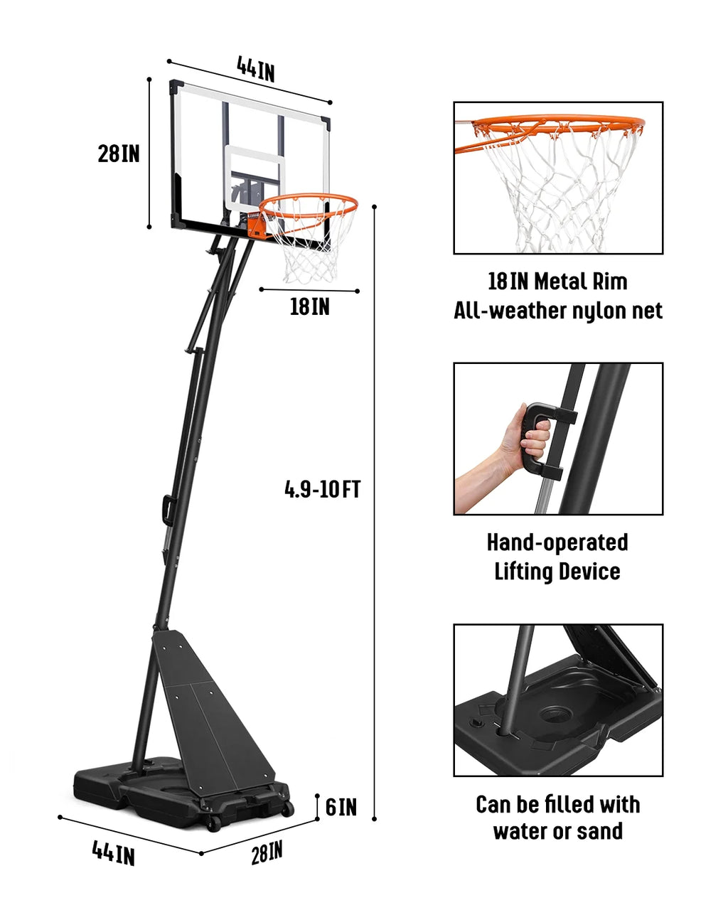 Seray Basketball Hoop with 4.8 - 10 Feet Height Adjustable for Kids/Adults, Portable Basketball Goal with 44 in Backboard and 2 Wheels for Outdoor/Indoor Sports