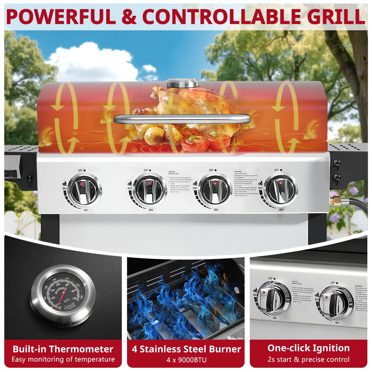 Enyopro 3 Burner Propane Gas Grill, 40, 000BTU Stainless Steel BBQ Grill with Brush, Built - in Thermometer, 4 Universal Wheels for Outdoor Cooking Patio Backyard