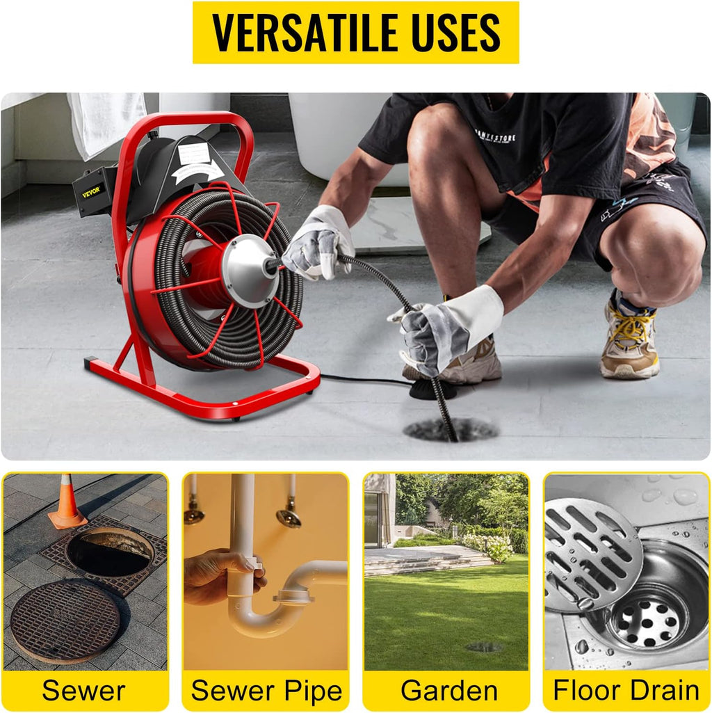Drain Cleaner Machine. 75 Ft x 3/8 Inch Drain Cleaning Machine Fits 1 to 4 Inch Pipes. Portable Drain Auger Cleaner with 4 Cutters. Electric Drain Clog Remover Plumbing Tool