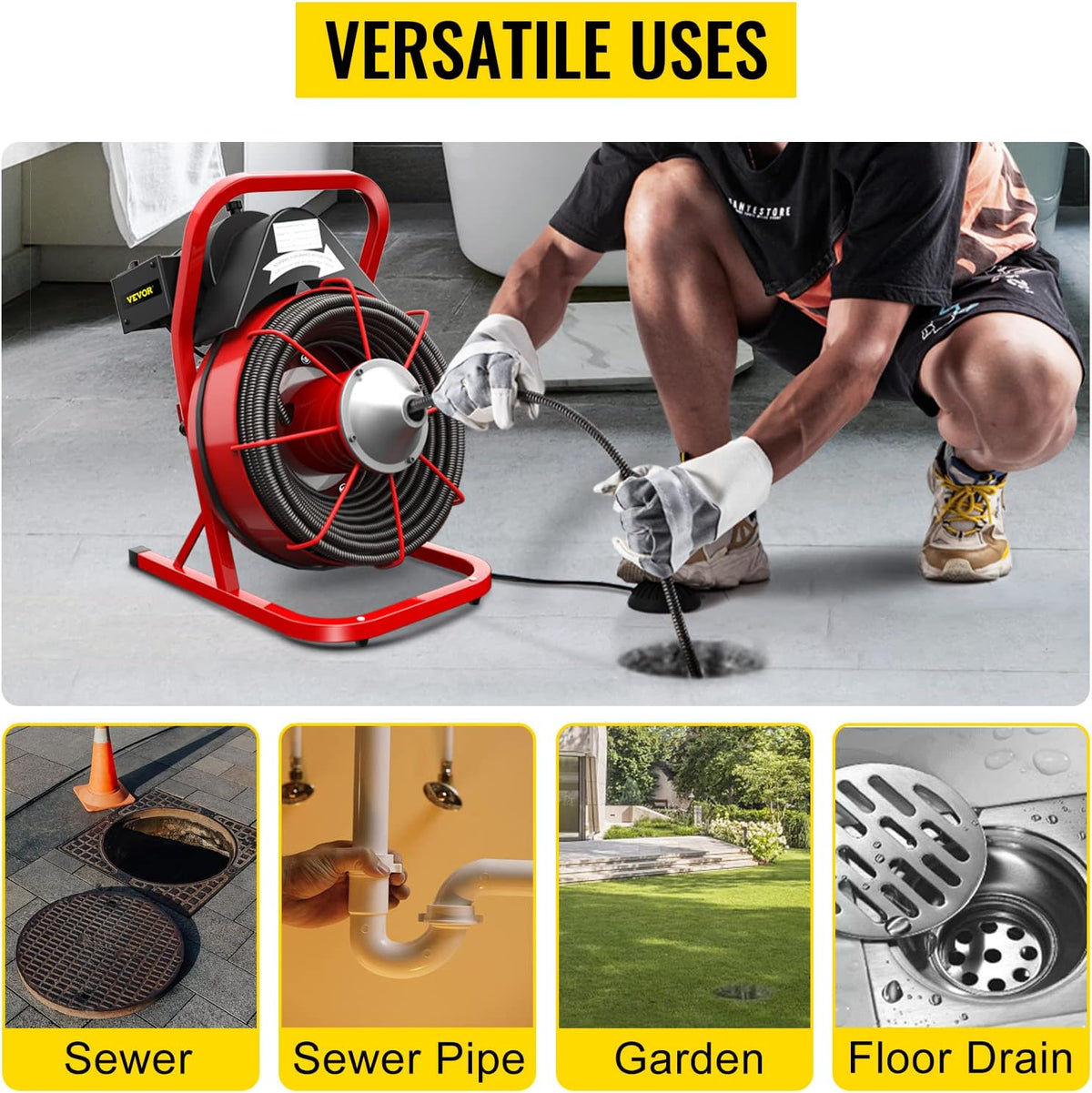 Drain Cleaner Machine. 75 Ft x 3/8 Inch Drain Cleaning Machine Fits 1 to 4 Inch Pipes. Portable Drain Auger Cleaner with 4 Cutters. Electric Drain Clog Remover Plumbing Tool