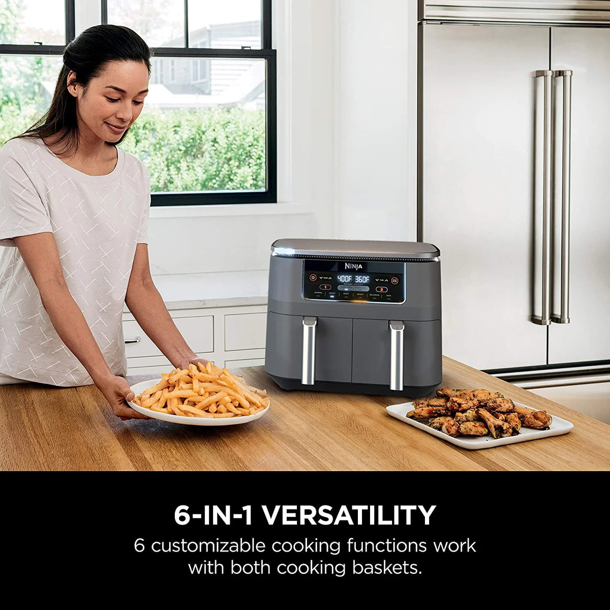 Restored Ninja DZ201 Foodi 6 - in - 1 2 - Basket Air Fryer with Dualzone Technology, 8 - Quart Capacity, and a Dark Grey Stainless Finish (Refurbished)