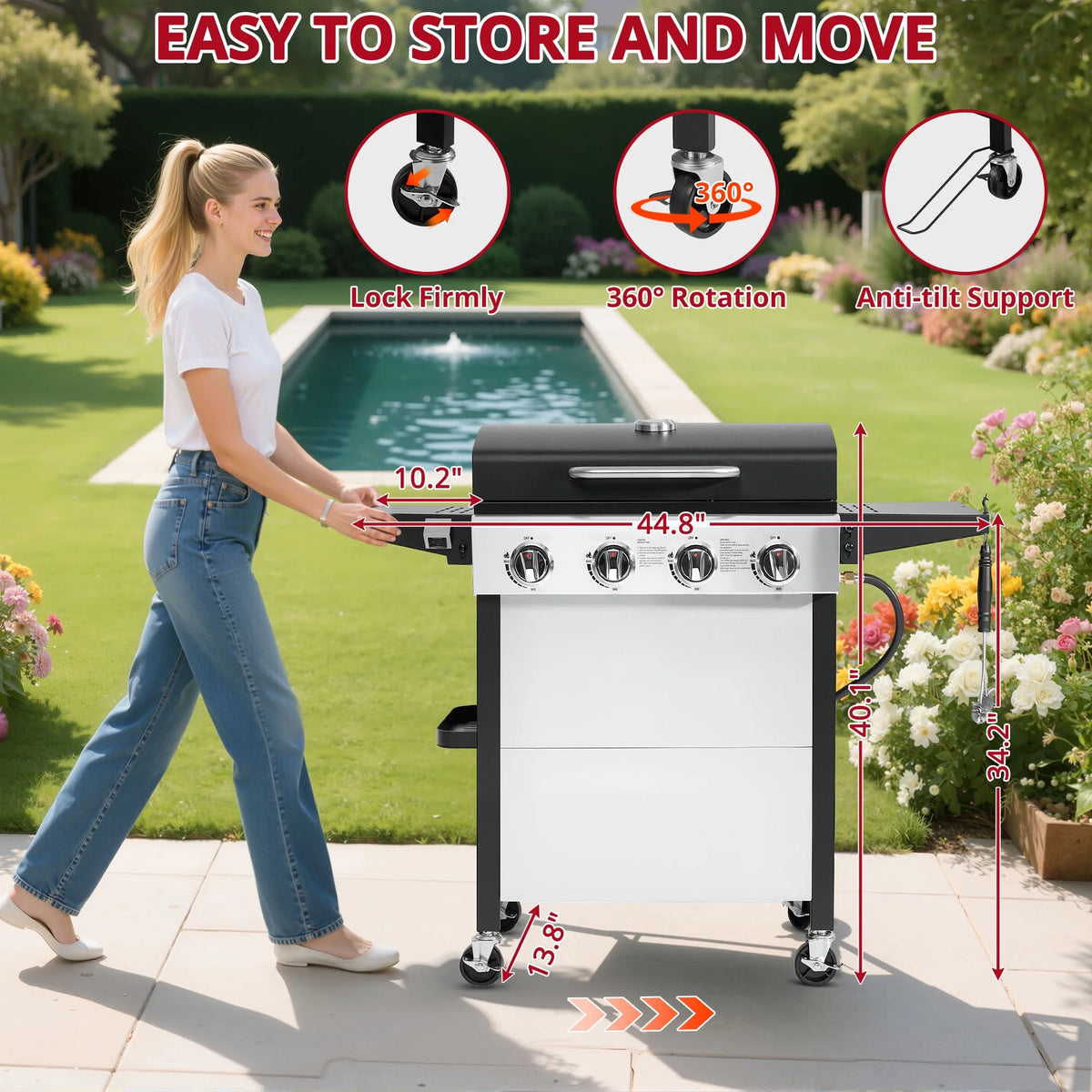 Enyopro 3 Burner Propane Gas Grill, 40, 000BTU Stainless Steel BBQ Grill with Brush, Built - in Thermometer, 4 Universal Wheels for Outdoor Cooking Patio Backyard